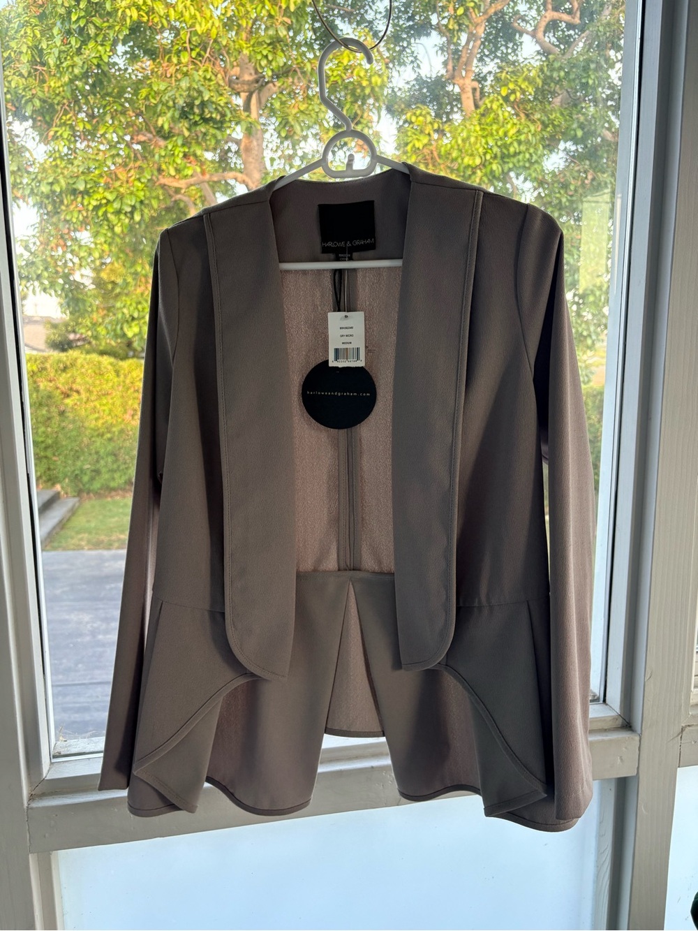 Harlowe & Graham Taupe Draped Open-Front Peplum Blazer